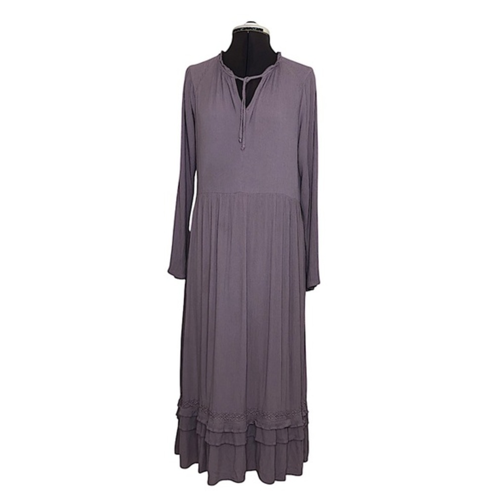 Knox Rose Rayon Lavender Crinkled Smoke Ruffle Crochet Pockets Boho Midi Dres M
